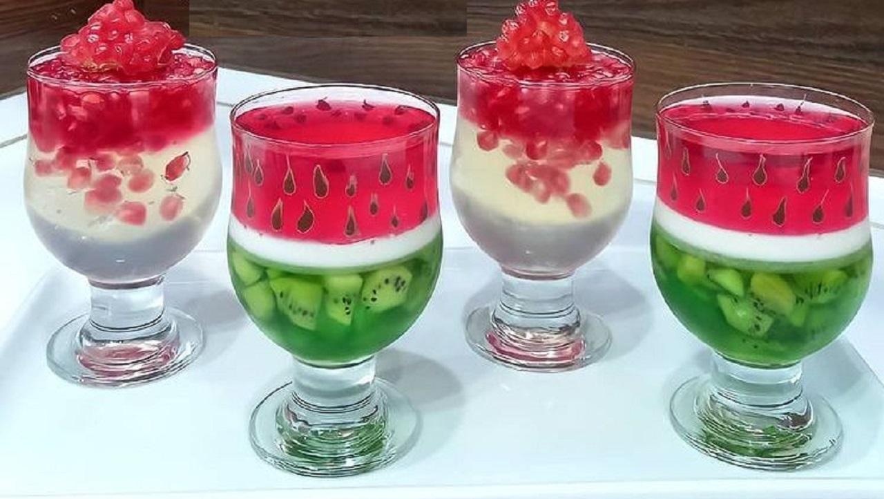مدل ژله لیوانی سه رنگ انار و هندوانه برای شب یلدا