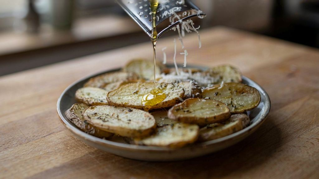 اضافه کردن روغن، نمک و پنیر پارمسان به سیب زمینی خلالی