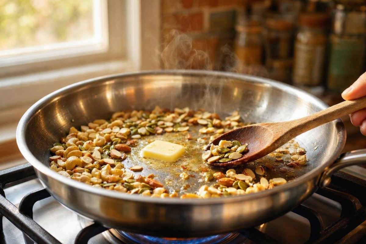 تفت دادن بادام، بادام هندی و تخمه کدو برای رول خرمایی