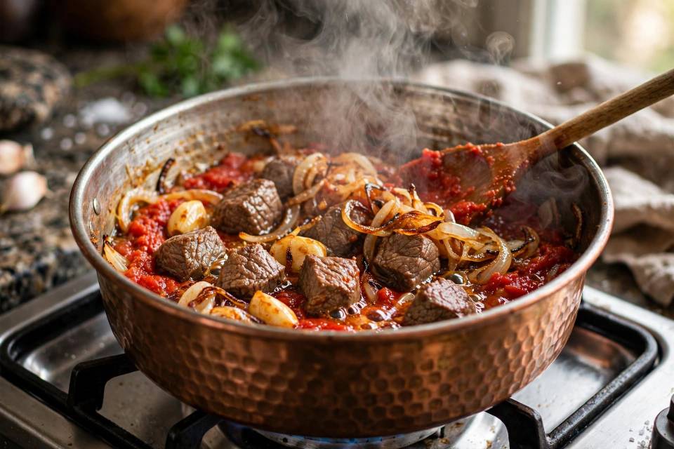 تفت دادن مواد اولیه خورشت بامیه جنوبی