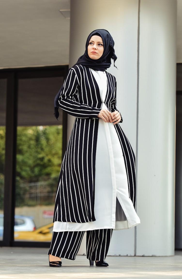Striped Long Jacket 1008-01 Black 1008-01 | Sefamerve