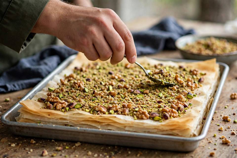 لایه بندی خمیر یوفکا و مواد میانی باقلوا لبنانی