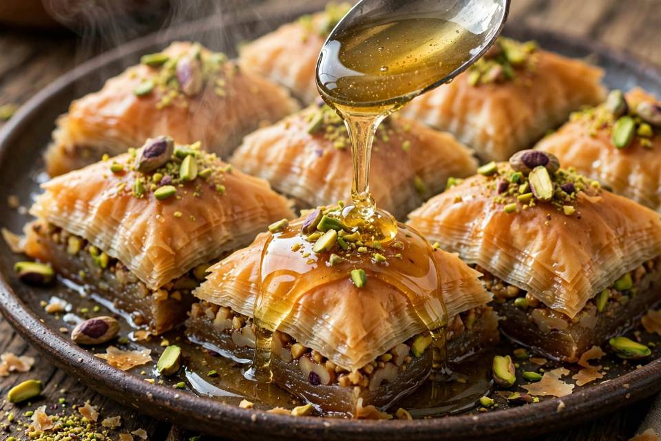 باقلوا لبنانی طلایی و آماده شربت دادن پس از پخت