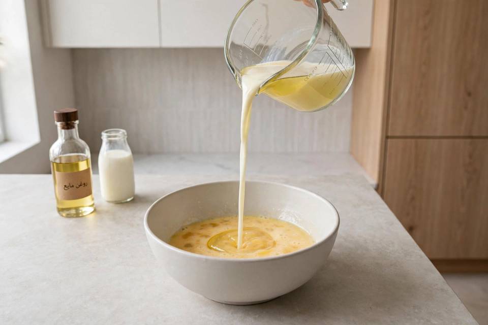 هم زدن تخم مرغ و شکر برای کیک شکلاتی