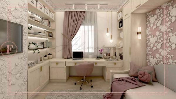 دکوراسیون اتاق دخترانه با رنگ سفید صورتی و کرم