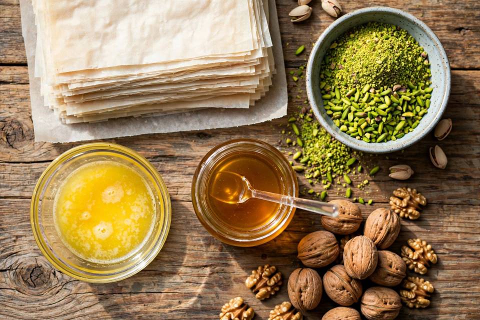 آماده کردن مواد اولیه و مغز پسته و گردو برای باقلوا لبنانی