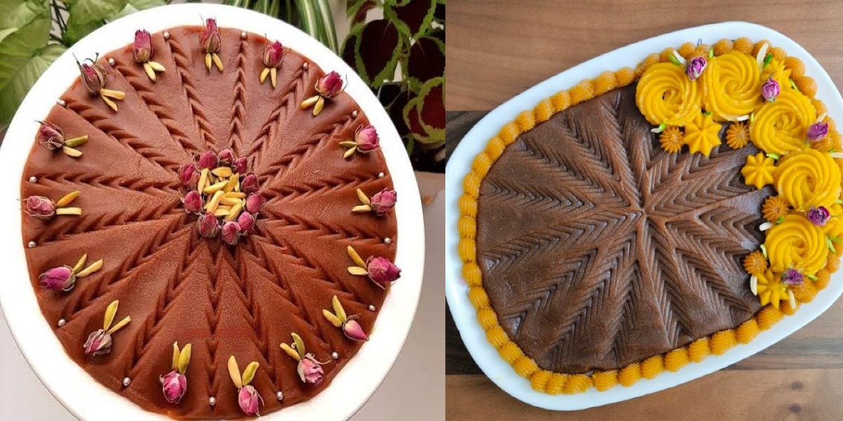تزیین حلوا مجلسی با گل محمدی و خلال پسته