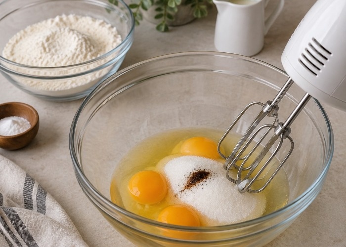 هم زدن تخم مرغ و شکر برای کیک ساده