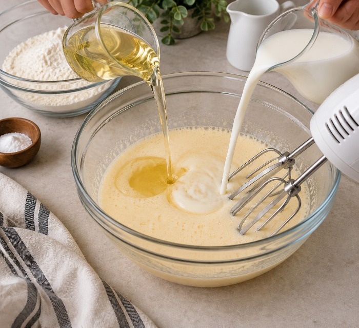 اضافه کردن شیر و روغن به مایه کیک